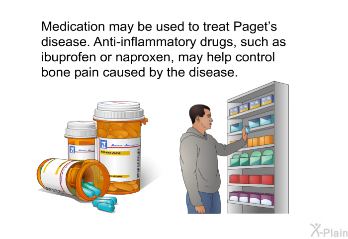 Medication may be used to treat Paget's disease. Anti-inflammatory drugs, such as ibuprofen or naproxen, may help control bone pain caused by the disease.