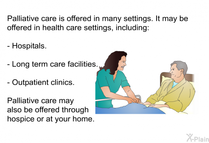 Palliative care is offered in many settings. It may be offered in health care settings, including:  Hospitals. Long term care facilities. Outpatient clinics.  
Palliative care may also be offered through hospice or at your home.