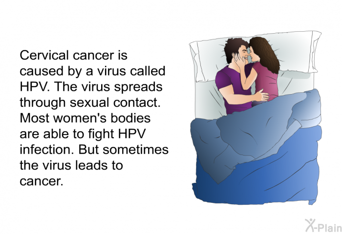 Cervical cancer is caused by a virus called HPV. The virus spreads through sexual contact. Most women's bodies are able to fight HPV infection. But sometimes the virus leads to cancer.