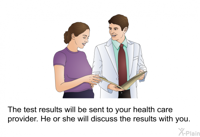 The test results will be sent to your health care provider. He or she will discuss the results with you.