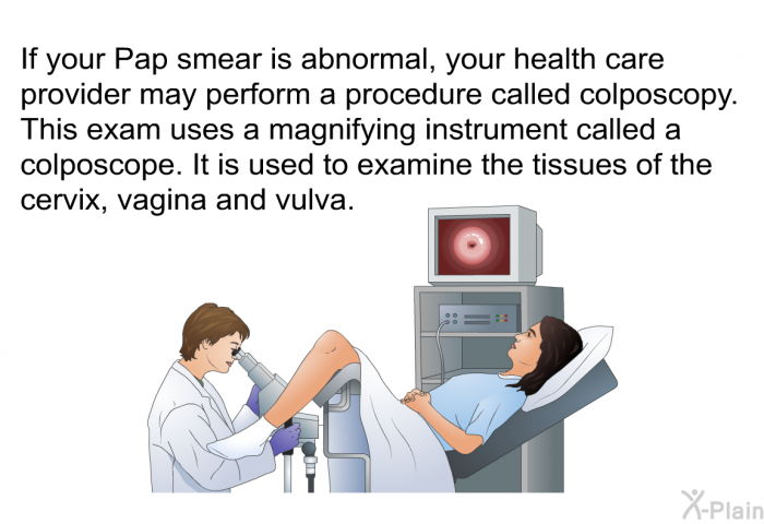 If your Pap smear is abnormal, your health care provider may perform a procedure called colposcopy. This exam uses a magnifying instrument called a colposcope. It is used to examine the tissues of the cervix, vagina and vulva.
