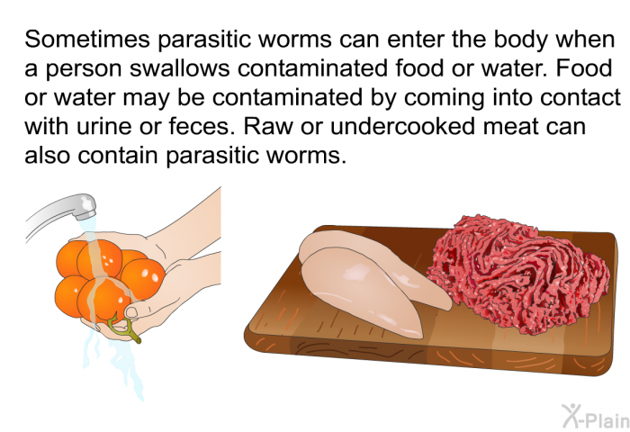 Sometimes parasitic worms can enter the body when a person swallows contaminated food or water. Food or water may be contaminated by coming into contact with urine or feces. Raw or undercooked meat can also contain parasitic worms.
