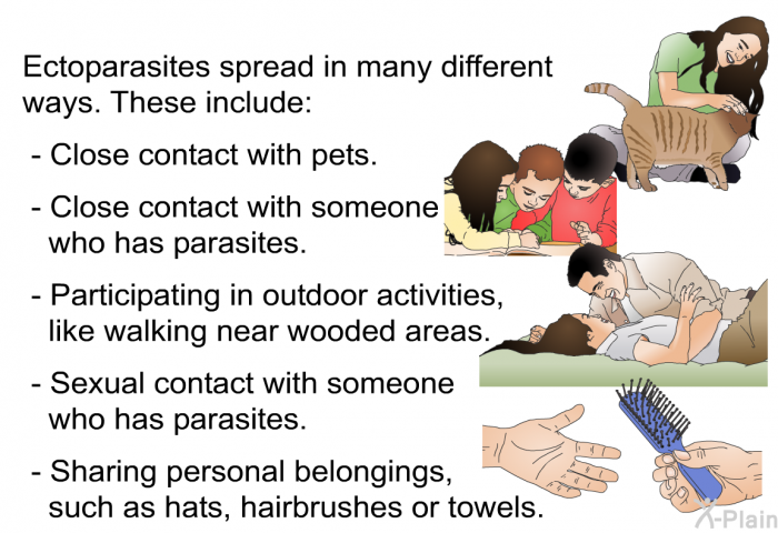 Ectoparasites spread in many different ways. These include:  Close contact with pets. Close contact with someone who has parasites. Participating in outdoor activities, like walking near wooded areas. Sexual contact with someone who has parasites. Sharing personal belongings, such as hats, hairbrushes or towels.