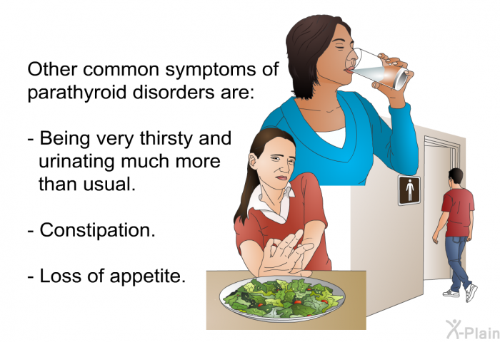 Other common symptoms of parathyroid disorders are:  Being very thirsty and urinating much more than usual. Constipation. Loss of appetite.