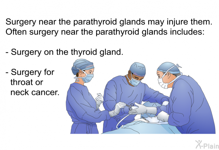 Surgery near the parathyroid glands may injure them. Often surgery near the parathyroid glands includes:  Surgery on the thyroid gland. Surgery for throat or neck cancer.