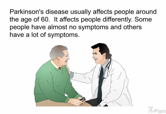 Parkinson's disease usually affects people around the age of 60. It affects people differently. Some people have almost no symptoms and others have a lot of symptoms.