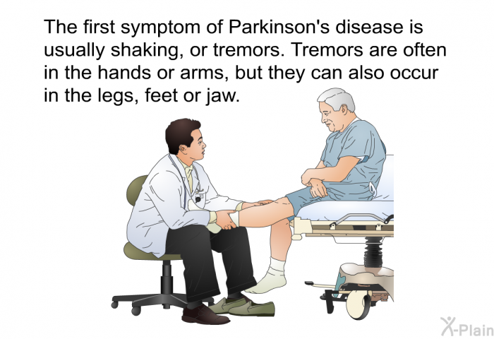 The first symptom of Parkinson's disease is usually shaking, or tremors. Tremors are often in the hands or arms, but they can also occur in the legs, feet or jaw.