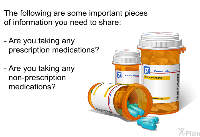 The following are some important pieces of information you need to share  Are you taking any prescription medications? Are you taking any non-prescription medications?