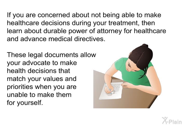 If you are concerned about not being able to make healthcare decisions during your treatment, then learn about durable power of attorney for healthcare and advance medical directives. These legal documents allow your advocate to make health decisions that match your values and priorities when you are unable to make them for yourself.