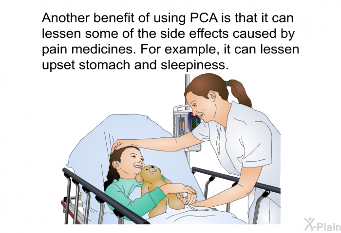 Another benefit of using PCA is that it can lessen some of the side effects caused by pain medicines. For example, it can lessen upset stomach and sleepiness.