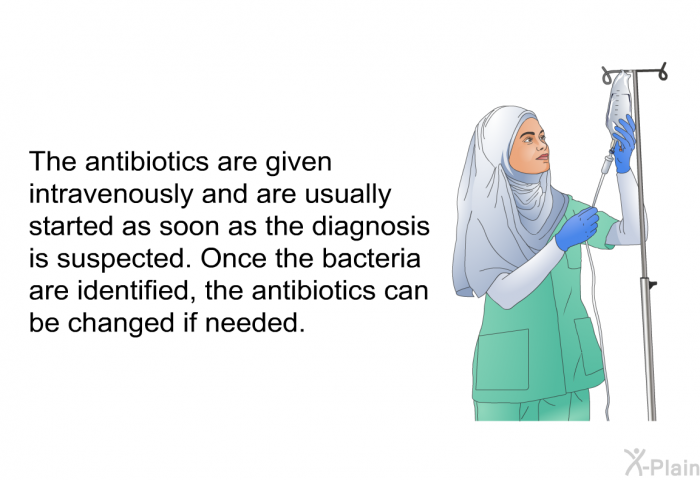 The antibiotics are given intravenously and are usually started as soon as the diagnosis is suspected. Once the bacteria are identified, the antibiotics can be changed if needed.