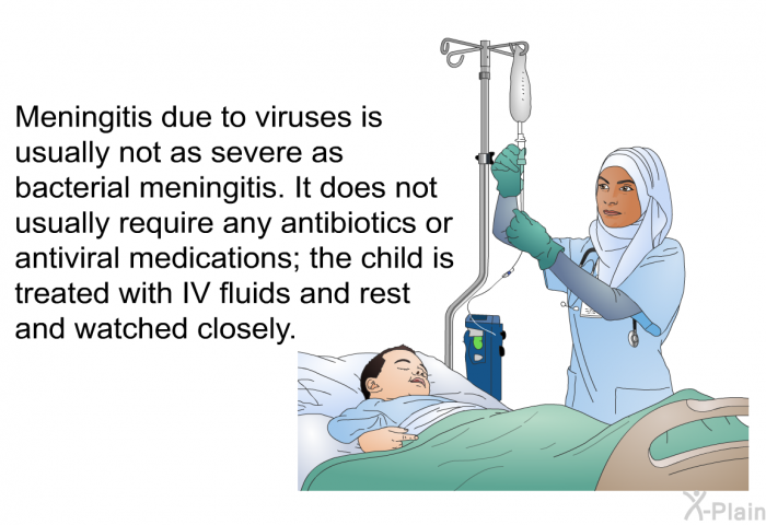Meningitis due to viruses is usually not as severe as bacterial meningitis. It does not usually require any antibiotics or antiviral medications; the child is treated with IV fluids and rest and watched closely.