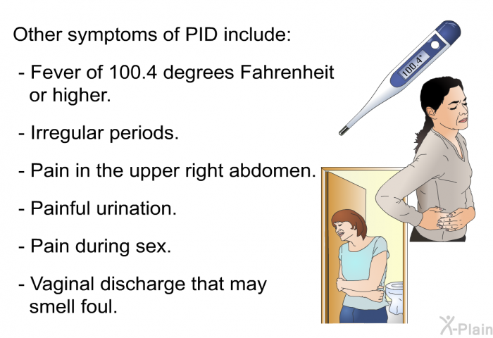 Other symptoms of PID include:  Fever of 100.4 degrees Fahrenheit or higher. Irregular periods. Pain in the upper right abdomen. Painful urination. Pain during sex. Vaginal discharge that may smell foul.