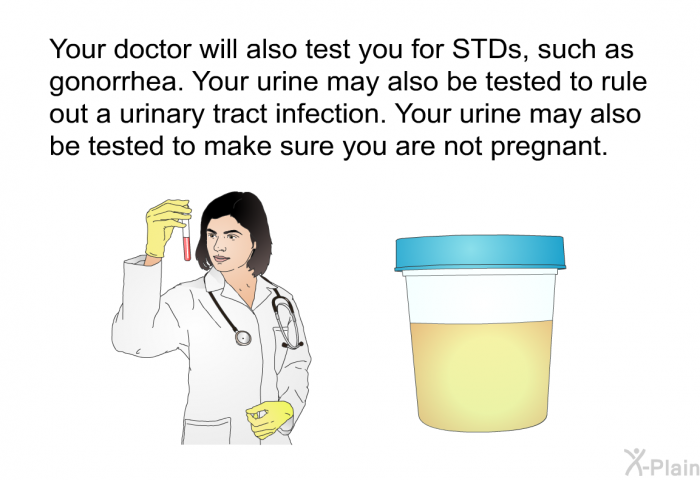 Your doctor will also test you for STDs, such as gonorrhea. Your urine may also be tested to rule out a urinary tract infection. Your urine may also be tested to make sure you are not pregnant.