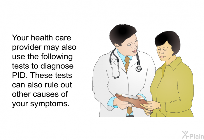 Your health care provider may also use the following tests to diagnose PID. These tests can also rule out other causes of your symptoms.