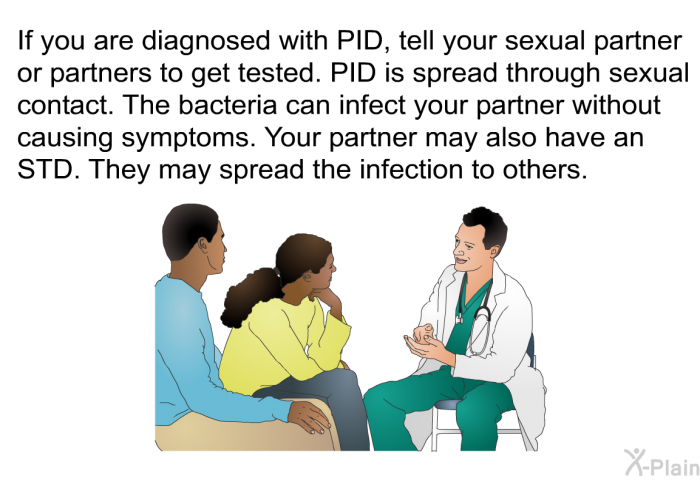 If you are diagnosed with PID, tell your sexual partner or partners to get tested. PID is spread through sexual contact. The bacteria can infect your partner without causing symptoms. Your partner may also have an STD. They may spread the infection to others.