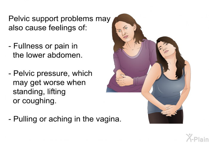 Pelvic support problems may also cause feelings of:  Fullness or pain in the lower abdomen. Pelvic pressure, which may get worse when standing, lifting or coughing. Pulling or aching in the vagina.