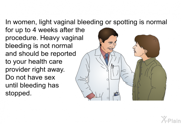 In women, light vaginal bleeding or spotting is normal for up to 4 weeks after the procedure. Heavy vaginal bleeding is not normal and should be reported to your health care provider right away. Do not have sex until bleeding has stopped.