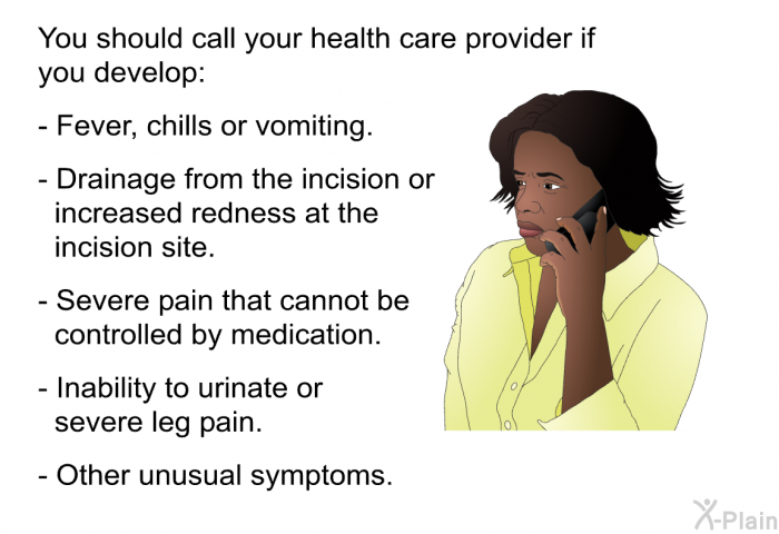 You should call your health care provider if you develop:  Fever, chills or vomiting. Drainage from the incision or increased redness at the incision site. Severe pain that cannot be controlled by medication. Inability to urinate or severe leg pain. Other unusual symptoms.
