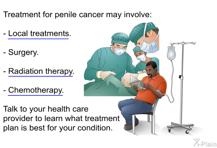 Treatment for penile cancer may involve:  Local treatments. Surgery. Radiation therapy. Chemotherapy.  
 Talk to your health care provider to learn what treatment plan is best for your condition.