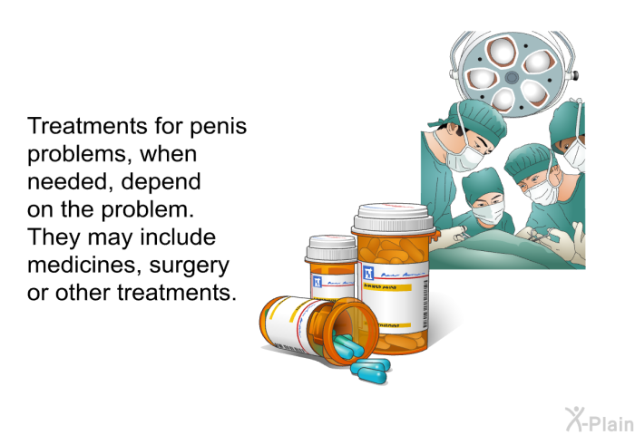 Treatments for penis problems, when needed, depend on the problem. They may include medicines, surgery or other treatments.