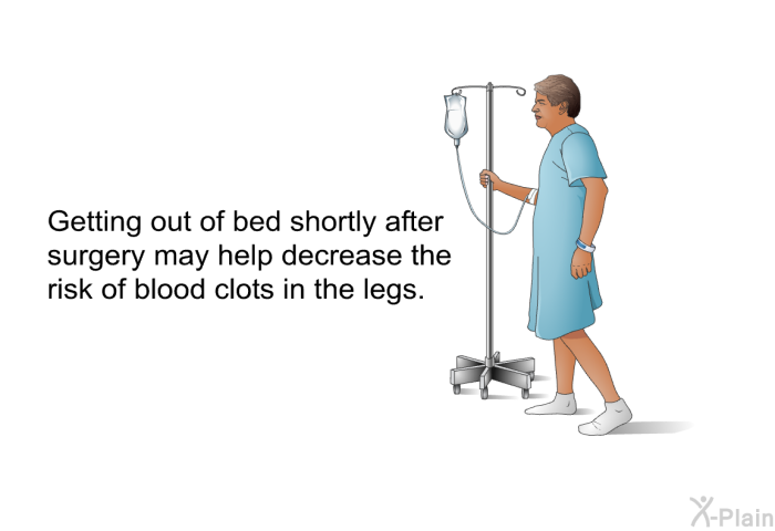 Getting out of bed shortly after surgery may help decrease the risk of blood clots in the legs.