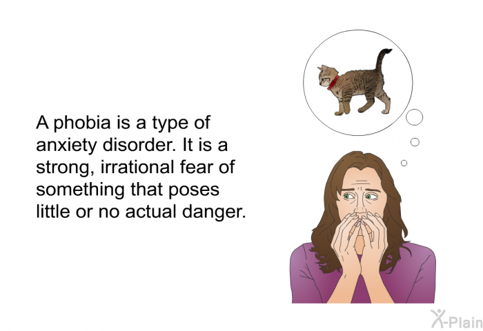 A phobia is a type of anxiety disorder. It is a strong, irrational fear of something that poses little or no actual danger.