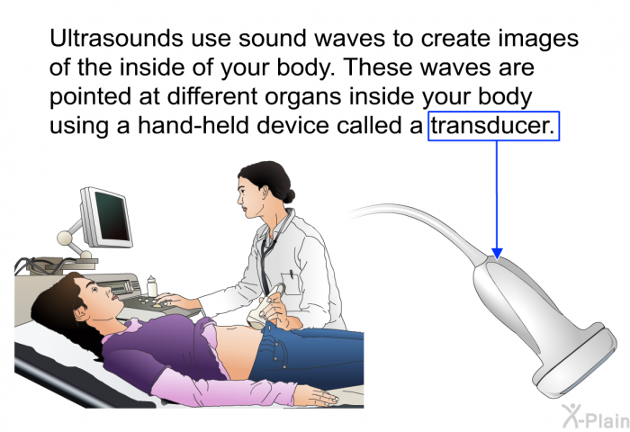 Ultrasounds use sound waves to create images of the inside of your body. These waves are pointed at different organs inside your body using a hand-held device called a transducer.