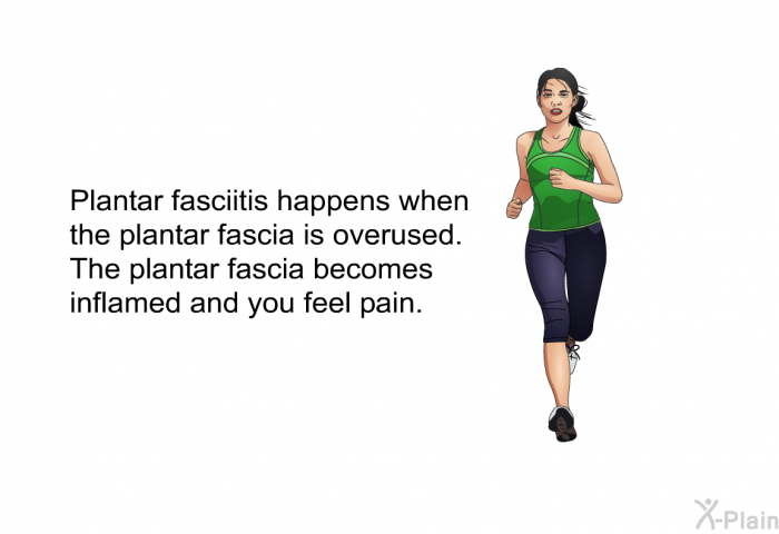 Plantar fasciitis happens when the plantar fascia is overused. The plantar fascia becomes inflamed and you feel pain.