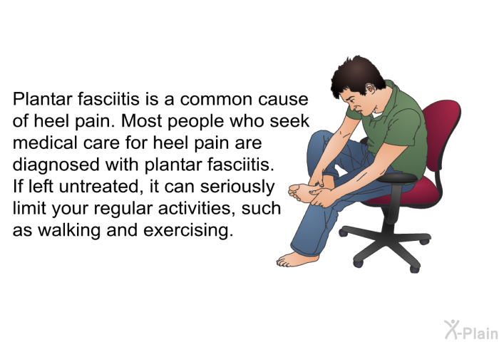 Plantar fasciitis is a common cause of heel pain. Most people who seek medical care for heel pain are diagnosed with plantar fasciitis. If left untreated, it can seriously limit your regular activities, such as walking and exercising.