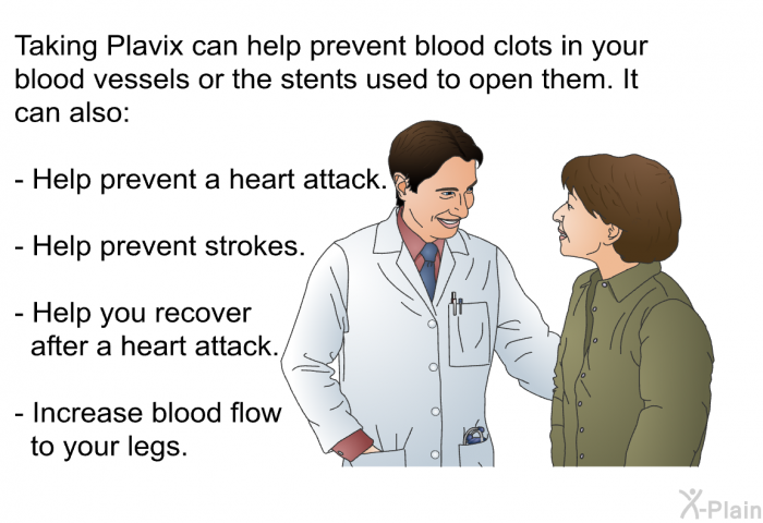 Taking Plavix can help prevent blood clots in your blood vessels or the stents used to open them. It can also:  Help prevent a heart attack. Help prevent strokes. Help you recover after a heart attack. Increase blood flow to your legs.