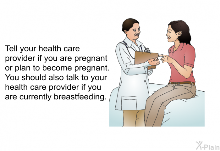 Tell your health care provider if you are pregnant or plan to become pregnant. You should also talk to your health care provider if you are currently breastfeeding.