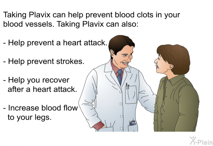 Taking Plavix can help prevent blood clots in your blood vessels. Taking Plavix can also:  Help prevent a heart attack. Help prevent strokes. Help you recover after a heart attack. Increase blood flow to your legs.