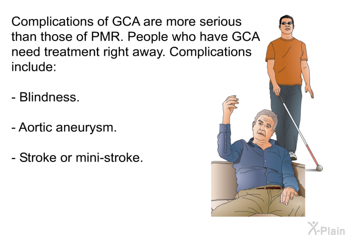 Complications of GCA are more serious than those of PMR. People who have GCA need treatment right away. Complications include:  Blindness. Aortic aneurysm. Stroke or mini-stroke.