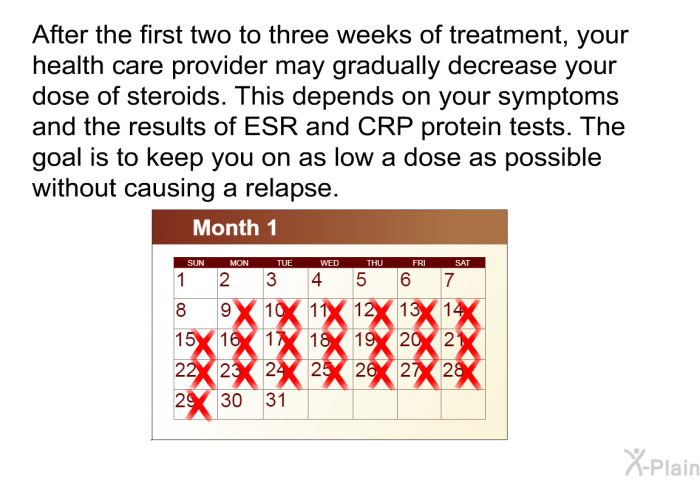 After the first two to three weeks of treatment, your health care provider may gradually decrease your dose of steroids. This depends on your symptoms and the results of ESR and CRP protein tests. The goal is to keep you on as low a dose as possible without causing a relapse.