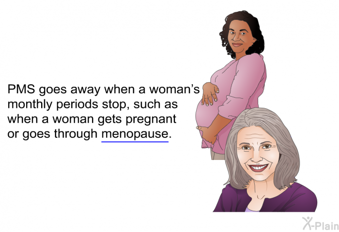 PMS goes away when a woman's monthly periods stop, such as when a woman gets pregnant or goes through menopause.