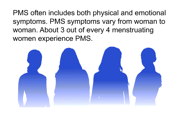PMS often includes both physical and emotional symptoms. PMS symptoms vary from woman to woman. About 3 out of every 4 menstruating women experience PMS.