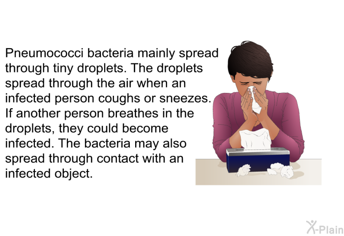 Pneumococci bacteria mainly spread through tiny droplets. The droplets spread through the air when an infected person coughs or sneezes. If another person breathes in the droplets, they could become infected. The bacteria may also spread through contact with an infected object.