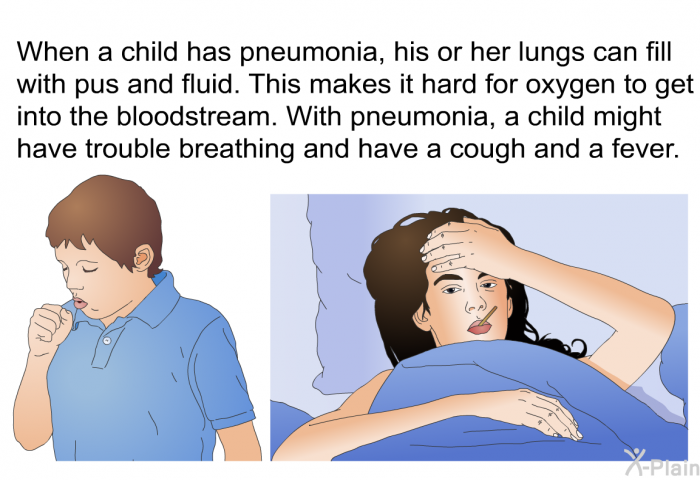 When a child has pneumonia, his or her lungs can fill with pus and fluid. This makes it hard for oxygen to get into the bloodstream. With pneumonia, a child might have trouble breathing and have a cough and a fever.