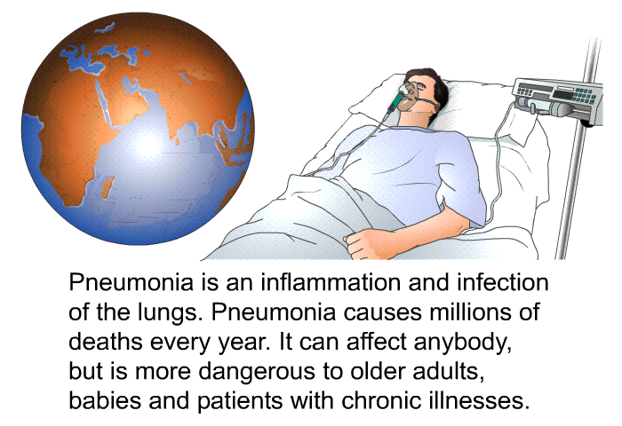 Pneumonia is an inflammation and infection of the lungs. Pneumonia causes millions of deaths every year. It can affect anybody, but is more dangerous to older adults, babies and patients with chronic illnesses.