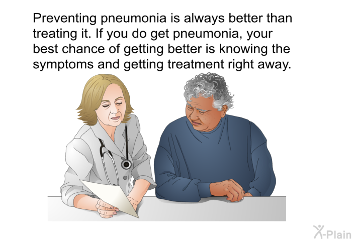 Preventing pneumonia is always better than treating it. If you do get pneumonia, your best chance of getting better is knowing the symptoms and getting treatment right away.