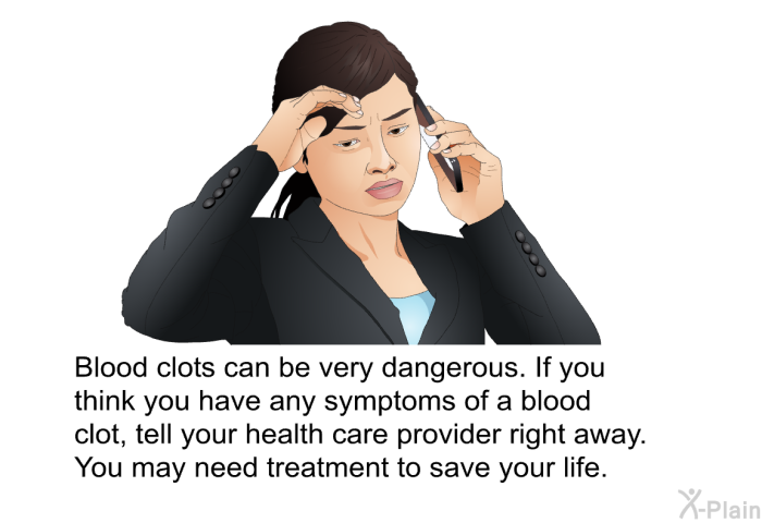 Blood clots can be very dangerous. If you think you have any symptoms of a blood clot, tell your health care provider right away. You may need treatment to save your life.