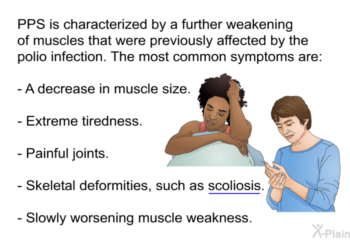 PPS is characterized by a further weakening of muscles that were previously affected by the polio infection. The most common symptoms are:  A decrease in muscle size. Extreme tiredness. Painful joints. Skeletal deformities, such as scoliosis. Slowly worsening muscle weakness.