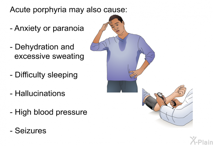 Acute porphyria may also cause:  Anxiety or paranoia Dehydration and excessive sweating Difficulty sleeping Hallucinations High blood pressure Seizures