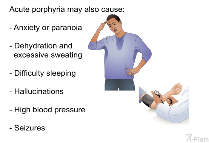 Acute porphyria may also cause:  Anxiety or paranoia Dehydration and excessive sweating Difficulty sleeping Hallucinations High blood pressure Seizures