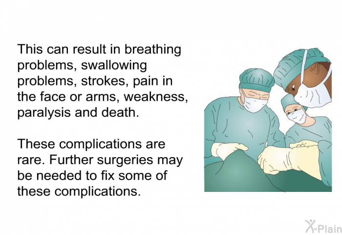This can result in breathing problems, swallowing problems, strokes, pain in the face or arms, weakness, paralysis and death. These complications are rare. Further surgeries may be needed to fix some of these complications.
