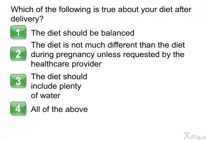 Which of the following is true about your diet after delivery?  The diet should be balanced The diet is not much different than the diet during pregnancy unless requested by the healthcare provider The diet should include plenty of water All of the above
