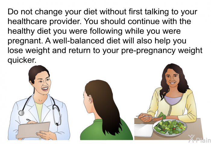 Do not change your diet without first talking to your healthcare provider. You should continue with the healthy diet you were following while you were pregnant. A well-balanced diet will also help you lose weight and return to your pre-pregnancy weight quicker.