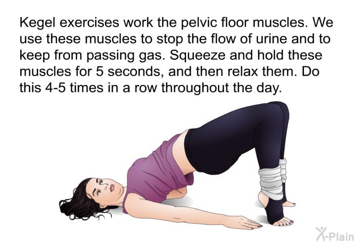 Kegel exercises work the pelvic floor muscles. We use these muscles to stop the flow of urine and to keep from passing gas. Squeeze and hold these muscles for 5 seconds, and then relax them. Do this 4-5 times in a row throughout the day.