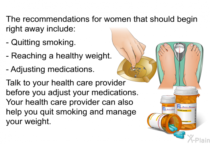 The recommendations for women that should begin right away include:  Quitting smoking. Reaching a healthy weight. Adjusting medications.  
 Talk to your health care provider before you adjust your medications. Your health care provider can also help you quit smoking and manage your weight.
